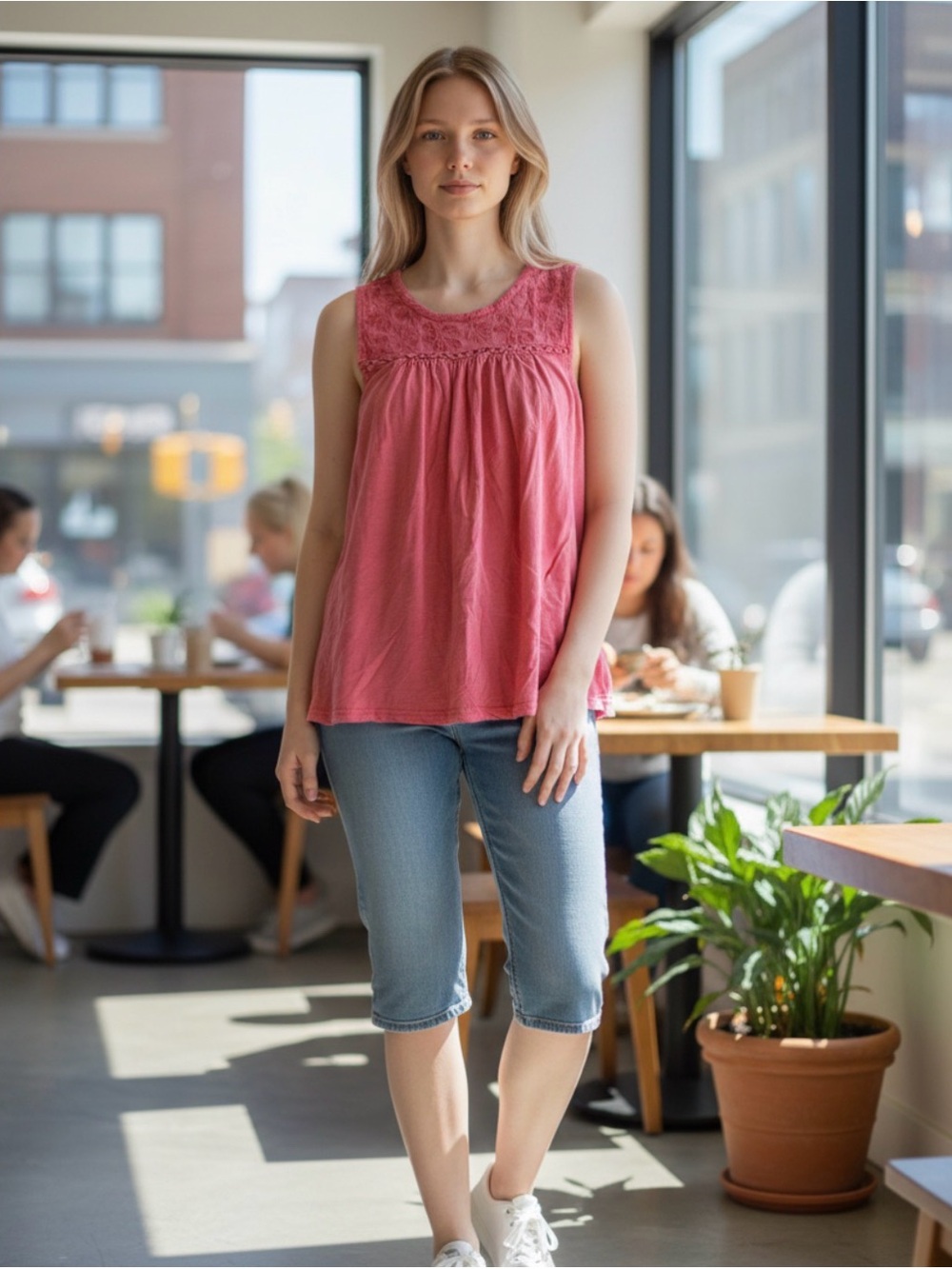 Lucky Brand Pink Lace Yoke Sleeveless Tank Top